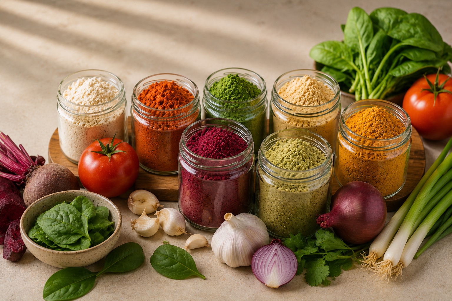 Collection of natural vegetable powders — onion, garlic, tomato, spinach, beetroot, moringa powders in glass jars