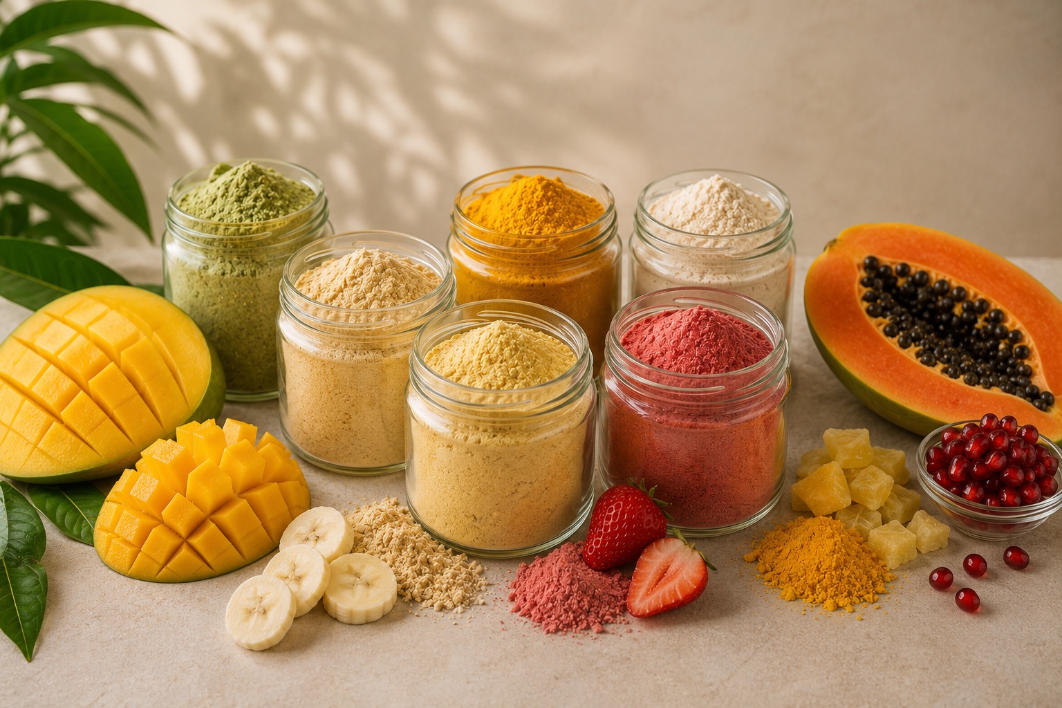 Assorted natural fruit powder jars — mango, banana, papaya, pineapple, pomegranate, strawberry powders on white surface