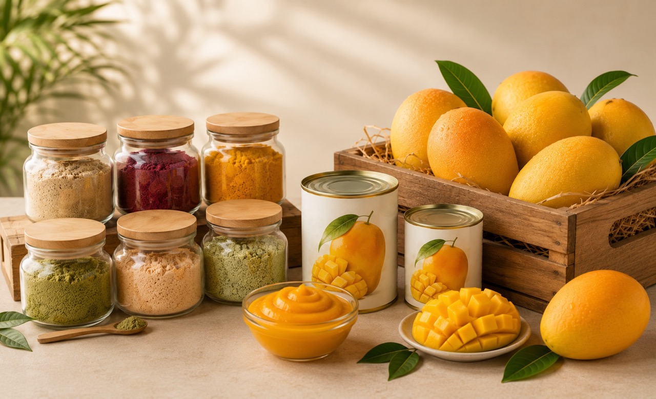 Golden Alphonso mangoes in export crate with dehydrated powder jars — Cronus GlobalTrade premium agricultural exports